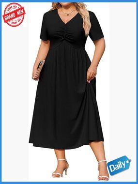 Plus Size Short Sleeve Midi Dress V-Neck Ruched A-Line with Pockets